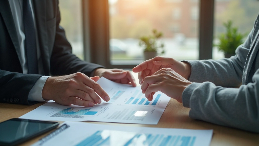 Adviseur toont spaarplan aan cliënt met financiële grafieken en doelstellingen