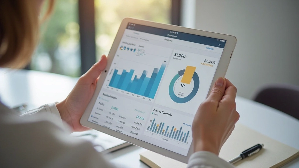 Tablet scherm toont grafiek met uitgavencategorieën en financiële analyse