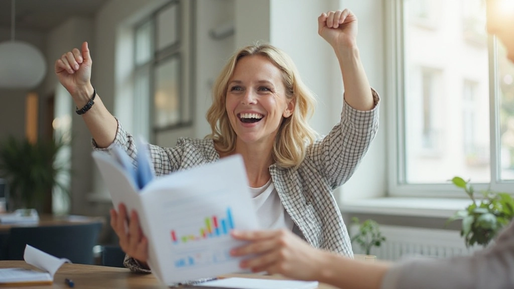 Gelukkig persoon die zijn financiële doelen bereikt heeft, met grafieken en groeitrend op achtergrond