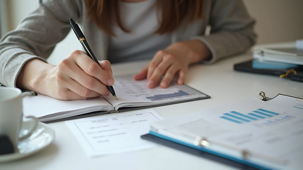 Professionele werkplek met financiële planning tools, pen en notitieboek op houten bureau